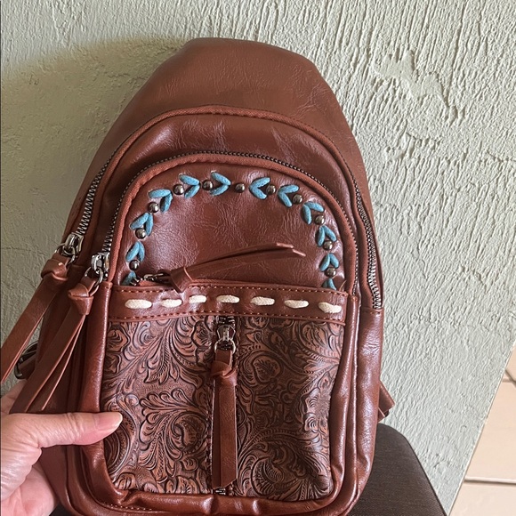 Think Vintage Online Handbags - #1347=Brown Embossed Women's Backpack